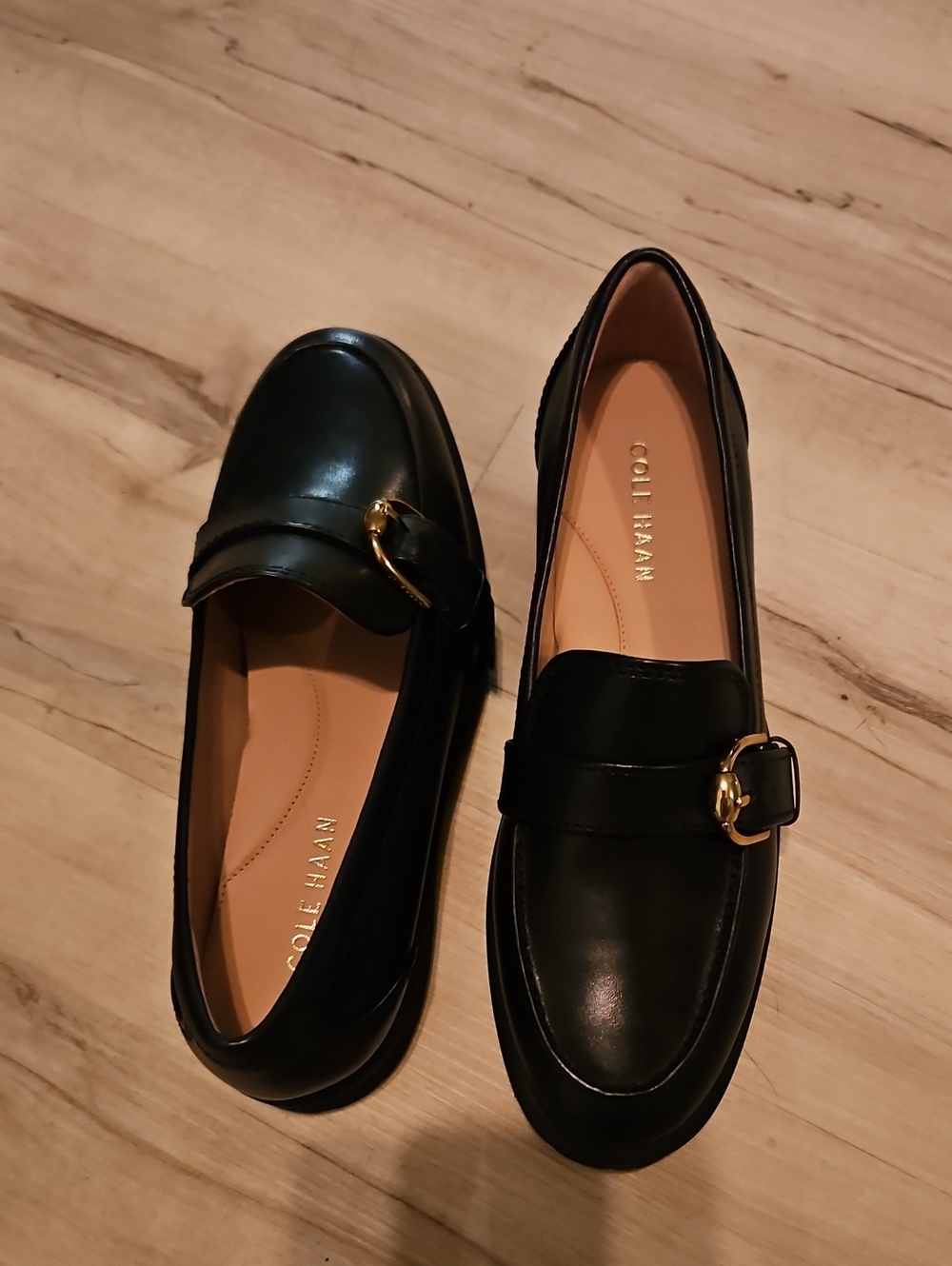 Cole Haan Black Leather Loafers with Gold Accent